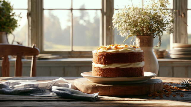 Freshly baked cake displayed on a charming wooden table illuminated by soft natural light from a nearby window