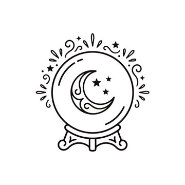 Mystical crystal ball with crescent moon and stars, symbolizing fortune telling and magic.