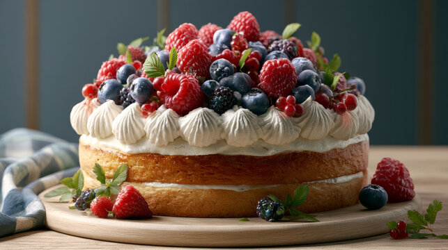 Indulgent multi layer cake adorned with fresh berries and whipped cream presented on a rustic wooden board