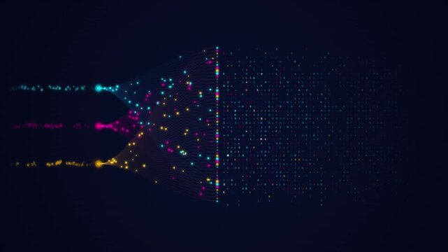 Artificial intelligence neural network data stream animation for corporate technology dashboards complex processing streams and binary code nodes transforming information for presentations