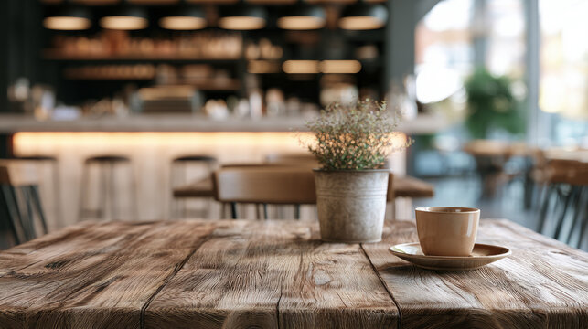 Cozy coffee shop scene with wooden table potted plant and cup on saucer in a modern cafe environment
