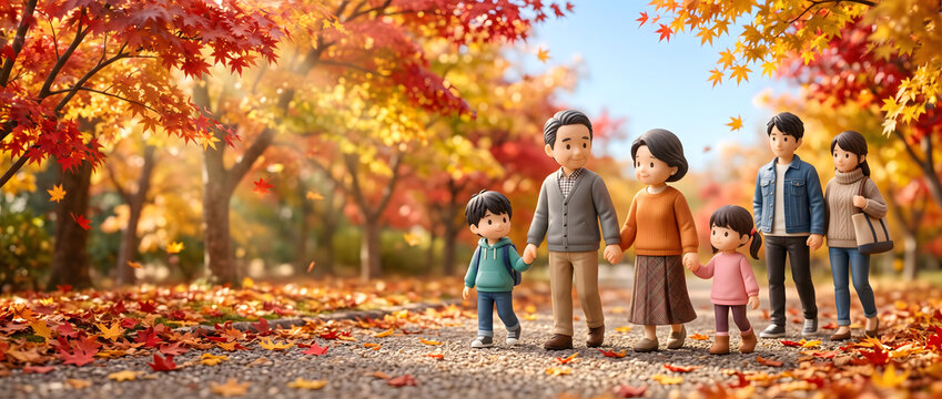 紅葉が美しい秋の公園を祖父母と手をつないで散歩する三世代家族のCGイラスト
