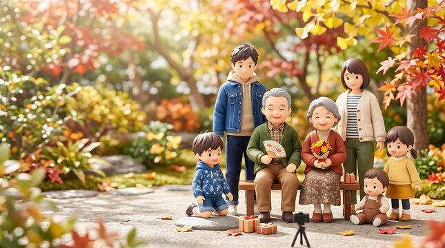 紅葉の庭で敬老の日の記念写真を撮影する三世代家族のCGイラスト
