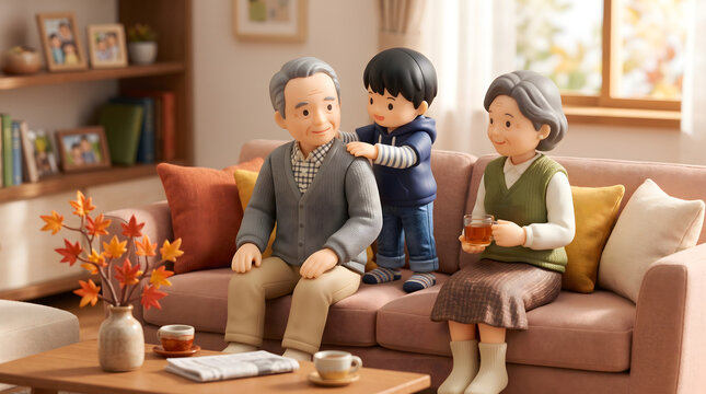 敬老の日にリビングのソファで祖父の肩たたきをして感謝を伝える孫のCGイラスト
