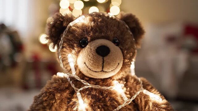 Cute Brown Teddy Bear Wrapped in Twinkling Christmas Fairy Lights, Cozy Bokeh Holiday Close-up Video