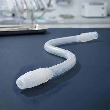 Flexible medical breathing tube on sterile surface. Corrugated plastic ventilator hose in hospital setting. Silicone respiratory tubing for anesthesia.