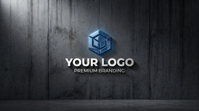 3D logo mockup on modern office concrete wall with cinematic lighting for corporate branding identity and business signage presentation