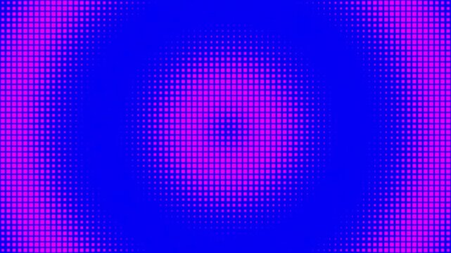 Abstract pink halftone dot grid concentric ripple pattern on blue background loop and magenta featuring expanding square ripples, creating a stylish retro-futuristic motion