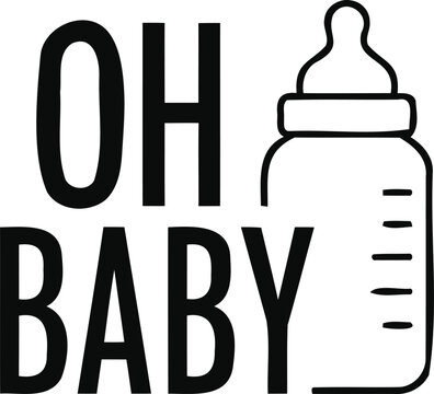 Black and white vector illustration featuring the text oh baby with a baby bottle icon for shower invitations