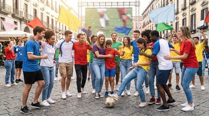 Obraz premium Excited diverse crowd of young multiethnic friends watching a football match and celebrating outdoors
