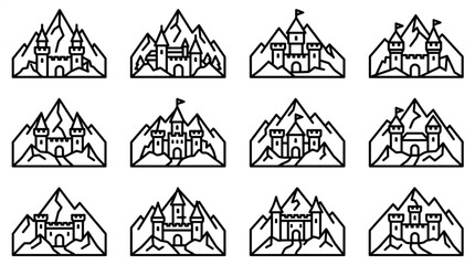 Collection of Castle Icons on Mountain Peaks.