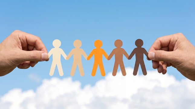 Concept of diversity and inclusion with hands holding a chain of multicolored paper human figures against a blue sky