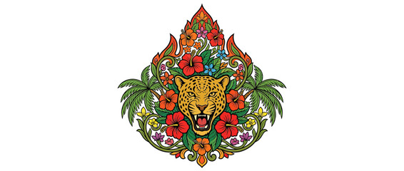 Fierce Leopard Head Amidst Tropical Floral Ornament © Kardus