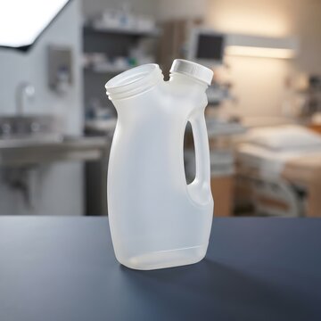Medical male urinal bottle in hospital room, plastic portable urine collection container, healthcare equipment for bedridden patients