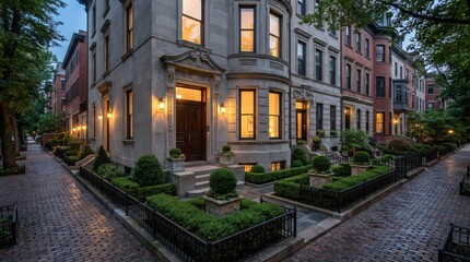 Fototapeta premium Stone townhouse entrance with formal garden and brick side street
