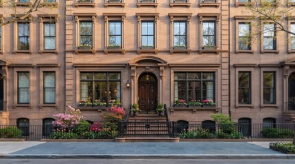 Naklejka premium Brownstone townhouse facade with arched doorway and flower garden
