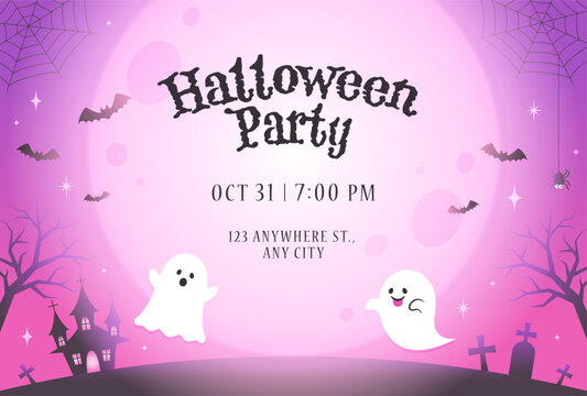 cute halloween vector background with ghosts and moon