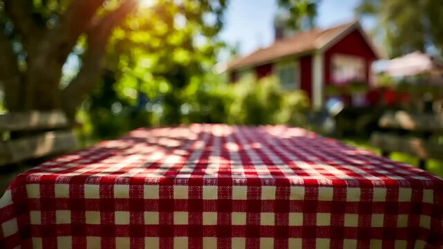 Summer hot vibe lifestyle. A closeup shot of a table covered with a red and white checkered tablecloth. Sunlight filters through the leaves, creating a bokeh effect.
