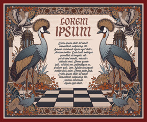 Naklejka premium Vintage Floral Border Frame Template with Grey Crowned Cranes Art Nouveau