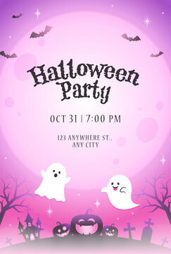 cute halloween vector background with ghosts, pumpkins and moon