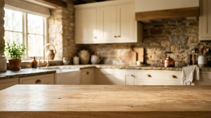 Naklejka premium Empty wooden table top in warm rustic kitchen with stone walls and cream cabinets for product display background