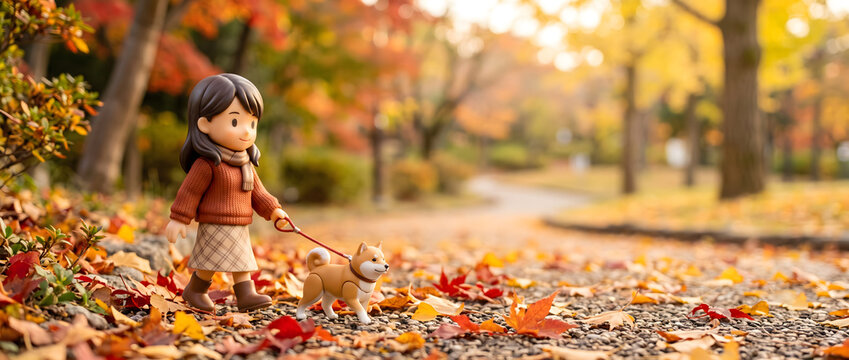 秋の公園で犬の散歩をする女性の3Dイラスト
