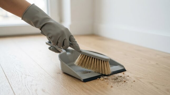 Woman wearing rubber gloves sweeping dust and debris with a brush into a dustpan on wooden floor