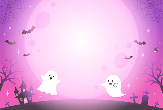 cute halloween vector background with ghosts and moon