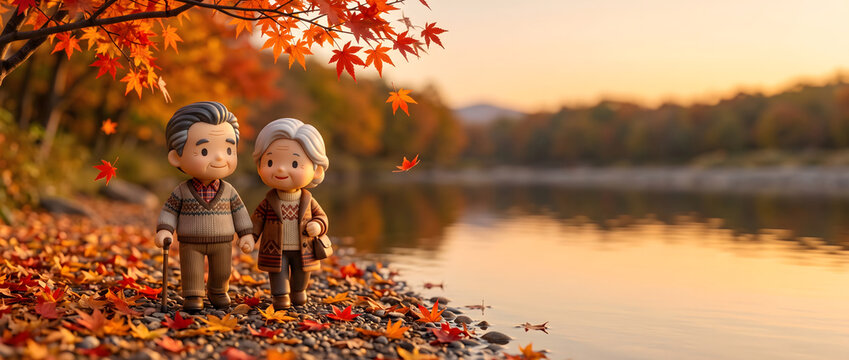 紅葉の川辺を仲良く散歩するシニア夫婦の3Dイラスト
