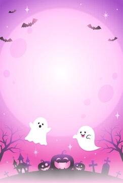 cute halloween vector background with ghosts, pumpkins and moon