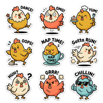 A collection of nine cute cartoon chicken stickers expressing various emotions and activities like dancing, napping, eating, running, and chilling.