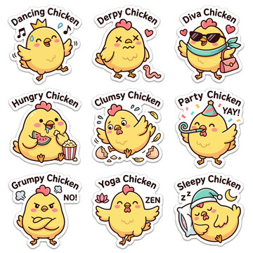 A collection of nine cute cartoon chicken stickers depicting various moods and activities like dancing, sleeping, eating, and partying.