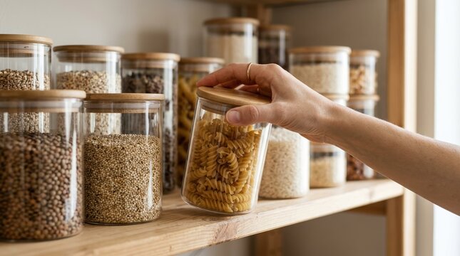 Woman organizing pasta and grains in glass jars on wooden shelves in a modern home pantry