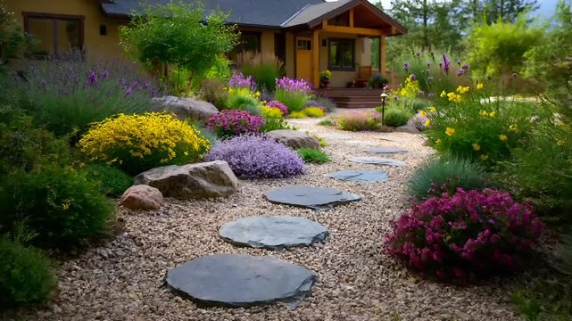 Summer hot vibe lifestyle. A vivid portrayal of a serene garden with a house in the background. The garden features a variety of colorful flowers, including purple, yellow, and pink.