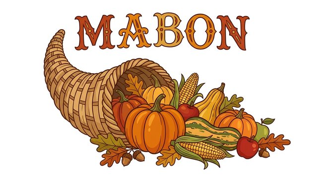 Mabon text with cornucopia filled with pumpkins corn and autumn harvest vegetables.