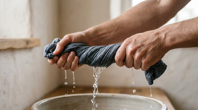 Young adult man wringing wet laundry by hand into a ceramic basin in rustic interior