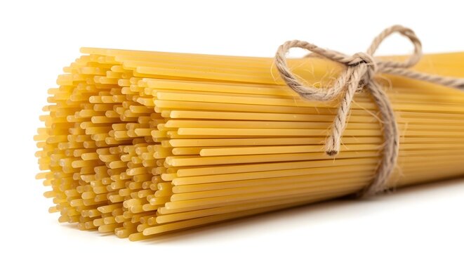 Delicate strands of uncooked spaghetti pasta are neatly bundled together with a rustic twine tie showcasing the golden hue of the durum wheat product ready for culinary preparation and delicious