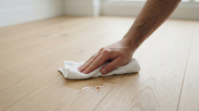 Man cleaning spilled water on a wooden floor with a white cloth representing household chores and maintenance