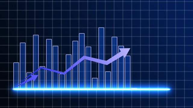 Digital business bar chart animation with steadily rising arrow. Ideal for presentations. Bar and line chart animation illustrating business growth, financial analytics and rising revenue trends