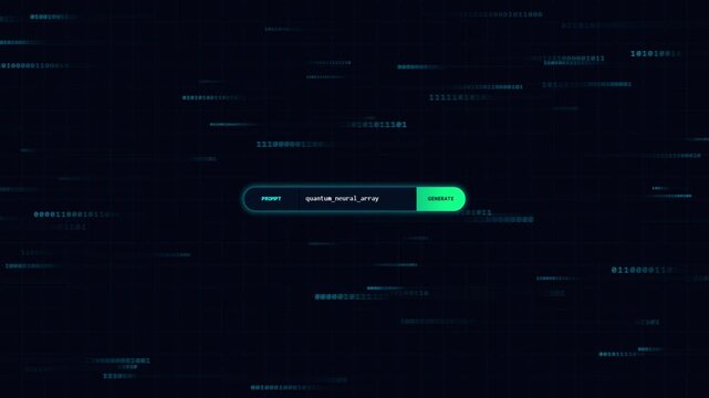 Quantum computing search bar UI template with binary code seamless loop background futuristic user interface with prompt text floating over fast-moving data streams