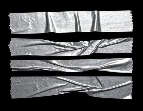 realistic torn masking tape strips with wrinkled silver plastic textures and adhesive edge isolated on black background