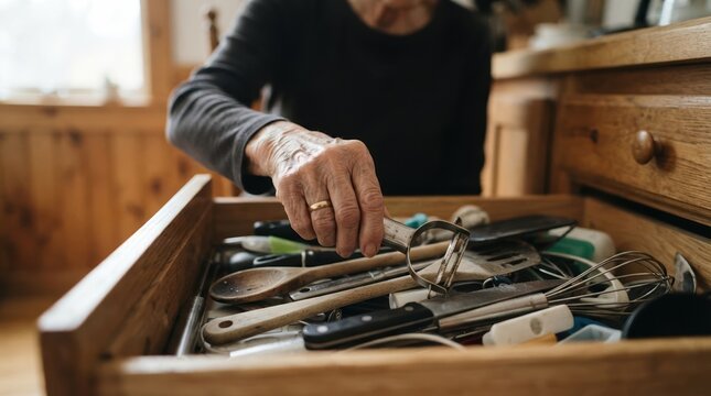 Elderly woman sorting kitchen utensils in a wooden drawer at home, representing organization and daily life