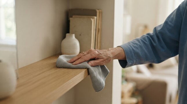 Elderly woman cleaning wooden shelf with dust cloth at home, senior housekeeping and daily routine concept