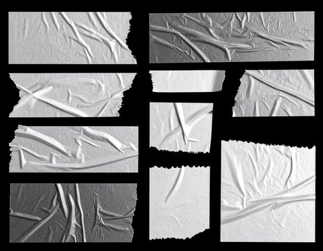 realistic torn masking tape strips with wrinkled silver plastic textures and adhesive edge isolated on black background