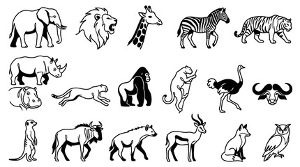 Naklejka premium African Safari Animals Black and White Line Art Vector Icons Set