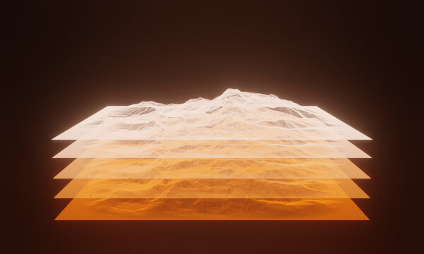 3D wireframe topographic map. Layered glowing orange terrain data levels on dark background