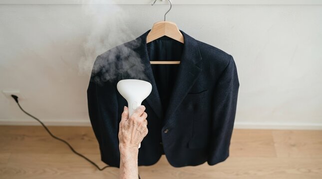 Elderly woman steaming a dark suit jacket hanging on a wooden hanger with a handheld clothes steamer at home