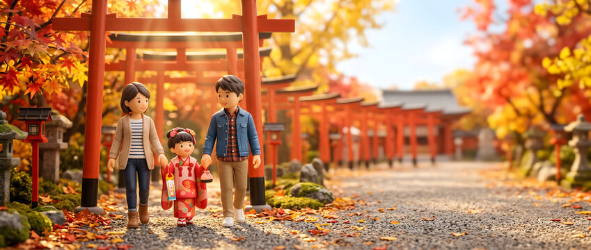 紅葉の神社で鳥居の参道を仲良く手をつないで歩く七五三の家族イラスト
