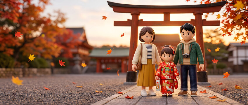 秋の夕暮れ時に神社の鳥居前で記念撮影をする着物姿の女の子と両親の七五三イラスト
