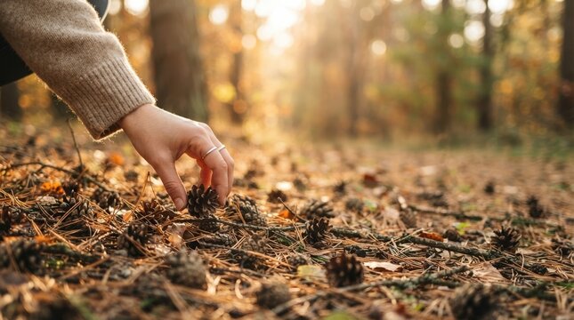 Woman picking up a pinecone on the ground in an autumn forest, representing nature exploration and fall season activities.